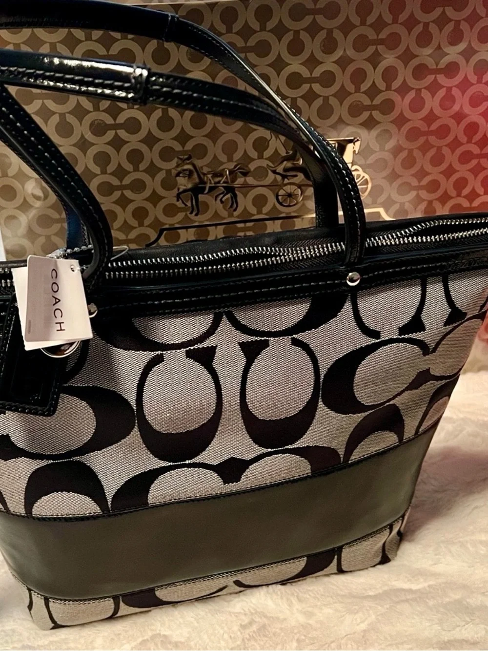 Coach Black and Khaki Signature Canvas Tote